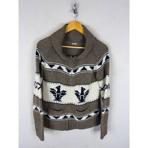 Kismet Wool Blend Full Zip Shawl Collar Eagle Intarsia Knit Sweater Taupe M